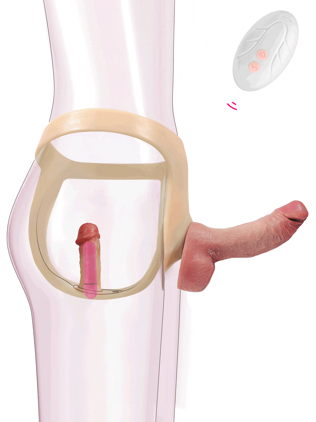 Realcock Silicone Strap-On with Vibrating Anal Dildo showing realistic design and remote control for enhanced pleasure